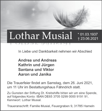 Traueranzeige von Lothar Musial von Deister- und Weserzeitung