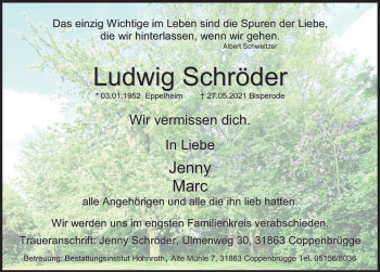 Traueranzeige von Ludwig Schröder von Deister- und Weserzeitung
