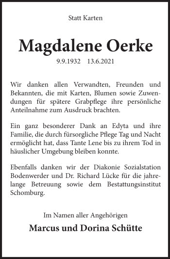 Traueranzeige von Magdalene Oerke von Deister- und Weserzeitung