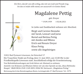 Traueranzeige von Magdalene Pettig von Deister- und Weserzeitung