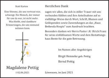 Traueranzeige von Magdalene Pettig von Deister- und Weserzeitung