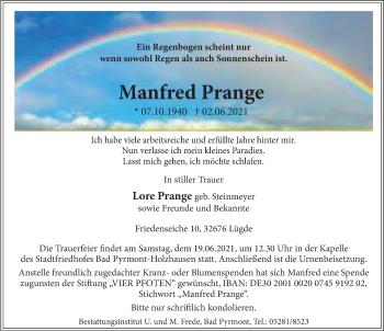 Traueranzeige von Manfred Prange von Deister- und Weserzeitung