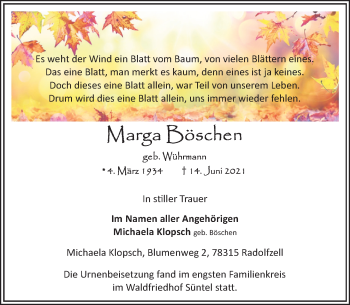 Traueranzeige von Marga Böschen von Deister- und Weserzeitung