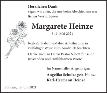 Traueranzeige von Margarete Heinze von Neue Deister-Zeitung