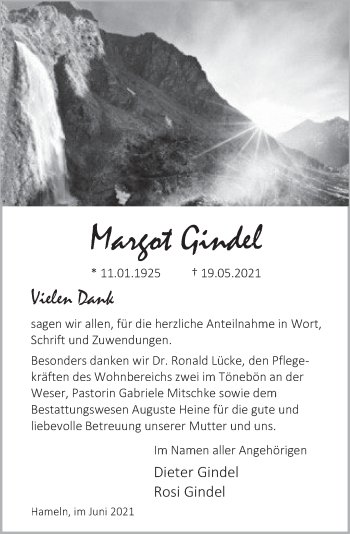Traueranzeige von Margot Gindel von Deister- und Weserzeitung