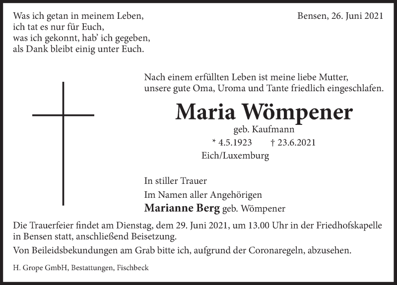  Traueranzeige für Maria Wömpener vom 26.06.2021 aus Deister- und Weserzeitung