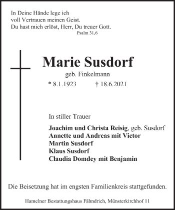 Traueranzeige von Marie Susdorf von Deister- und Weserzeitung