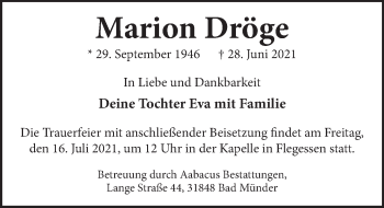 Traueranzeige von Marion Dröge von Neue Deister-Zeitung