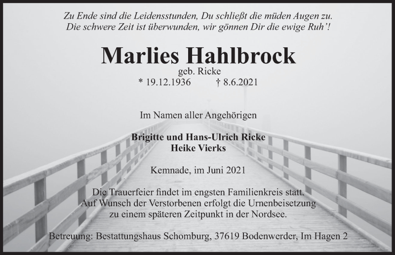  Traueranzeige für Marlies Hahlbrock vom 19.06.2021 aus Deister- und Weserzeitung