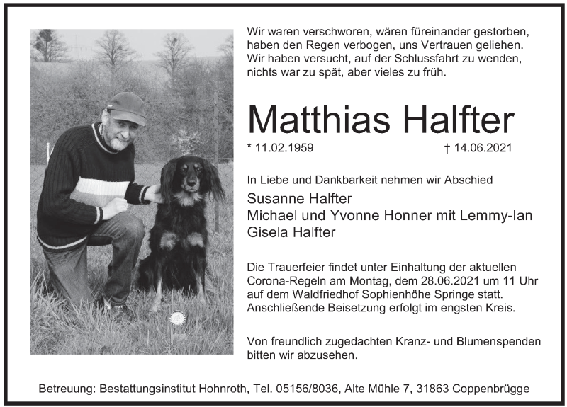  Traueranzeige für Matthias Halfter vom 19.06.2021 aus Deister- und Weserzeitung
