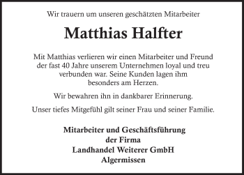 Traueranzeige von Matthias Halfter von Deister- und Weserzeitung