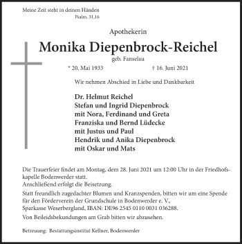 Traueranzeige von Monika Diepenbrock-Reichel von Deister- und Weserzeitung