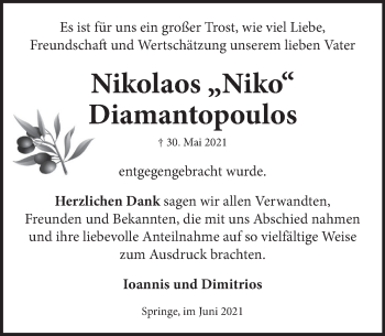 Traueranzeige von Nikolaos Diamantopoulos von Neue Deister-Zeitung