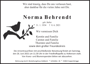 Traueranzeige von Norma Behrendt von Deister- und Weserzeitung