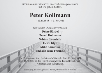 Traueranzeige von Peter Kollmann von Deister- und Weserzeitung