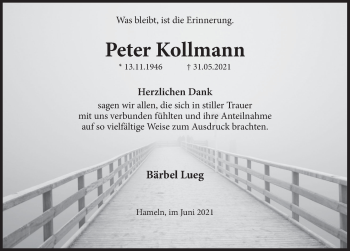 Traueranzeige von Peter Kollmann von Deister- und Weserzeitung