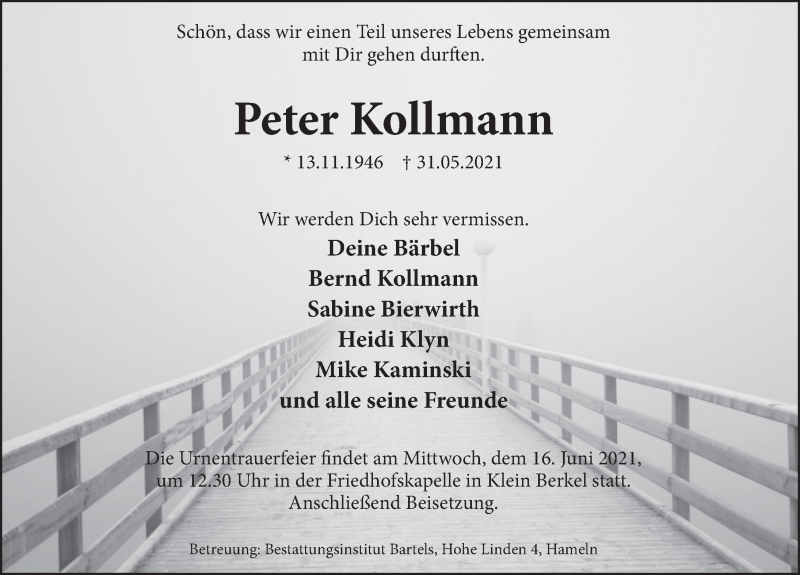  Traueranzeige für Peter Kollmann vom 12.06.2021 aus Deister- und Weserzeitung