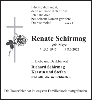 Traueranzeige von Renate Schirmag von Deister- und Weserzeitung