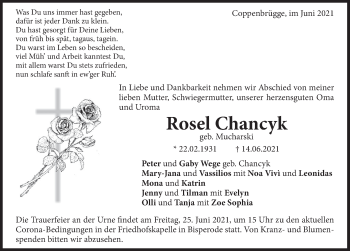 Traueranzeige von Rosel Chancyk von Deister- und Weserzeitung