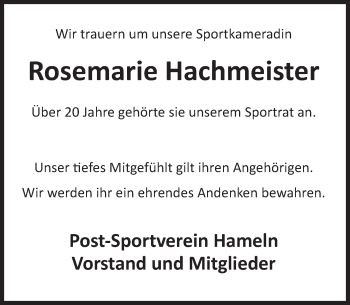 Traueranzeige von Rosemarie Hachmeister von Deister- und Weserzeitung