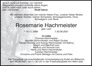 Traueranzeige von Rosemarie Hachmeister von Deister- und Weserzeitung