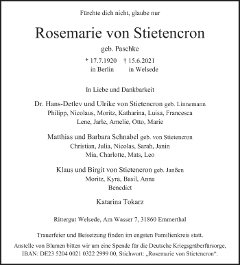 Traueranzeige von Rosemarie von Stietencron von Deister- und Weserzeitung