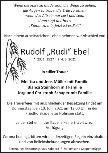 Traueranzeige von Rudolf Ebel von Deister- und Weserzeitung
