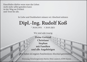 Traueranzeige von Rudolf Koß von Deister- und Weserzeitung