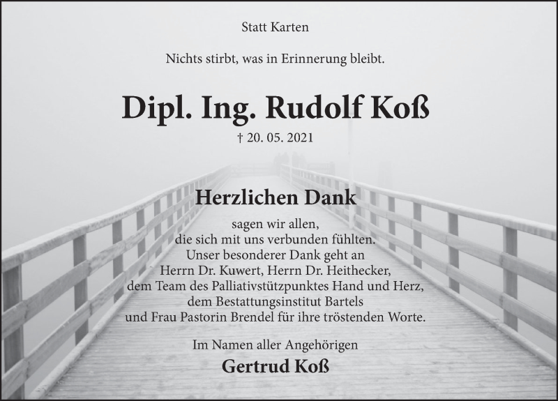  Traueranzeige für Rudolf Koß vom 26.06.2021 aus Deister- und Weserzeitung