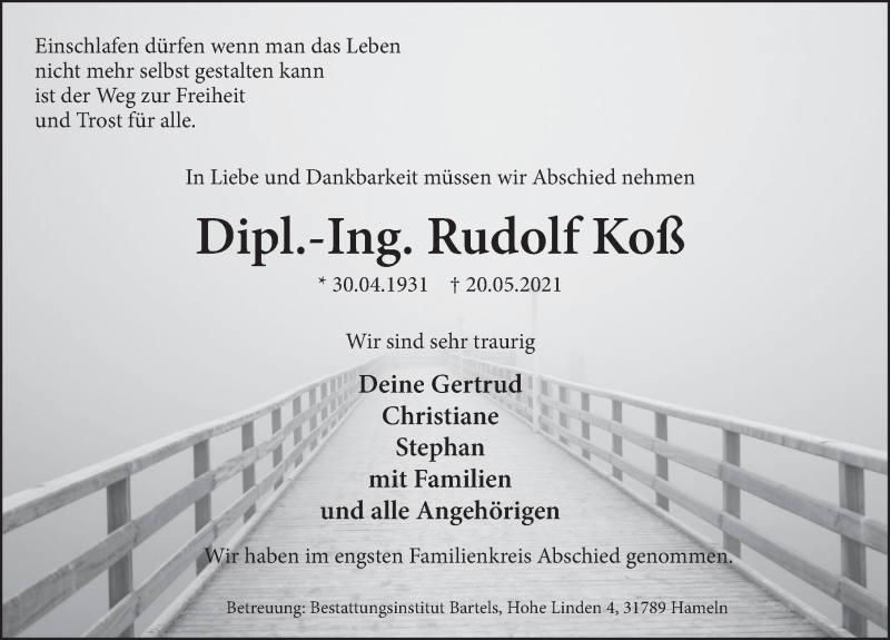  Traueranzeige für Rudolf Koß vom 05.06.2021 aus Deister- und Weserzeitung