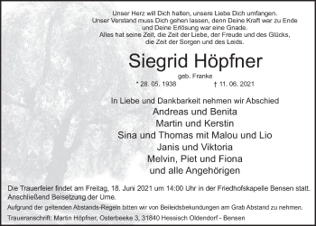 Traueranzeige von Siegrid Höpfner von Deister- und Weserzeitung