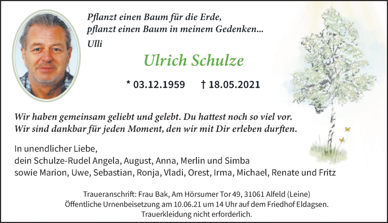  Traueranzeige für Ulrich Schulze vom 05.06.2021 aus Neue Deister-Zeitung