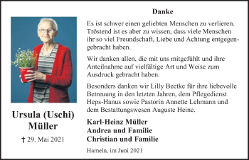 Traueranzeige von Ursula Müller von Deister- und Weserzeitung