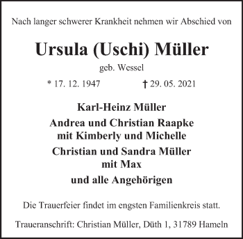 Traueranzeige von Ursula Müller von Deister- und Weserzeitung