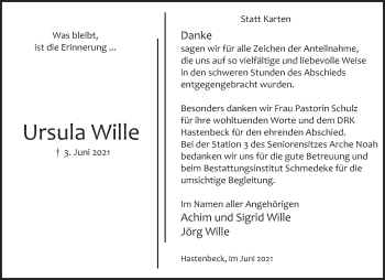 Traueranzeige von Ursula Wille von Deister- und Weserzeitung
