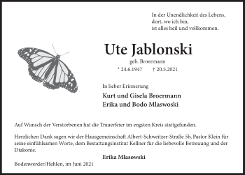 Traueranzeige von Ute Jablonski von Deister- und Weserzeitung
