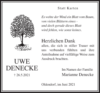 Traueranzeige von Uwe Denecke von Deister- und Weserzeitung