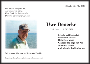 Traueranzeige von Uwe Denecke von Deister- und Weserzeitung