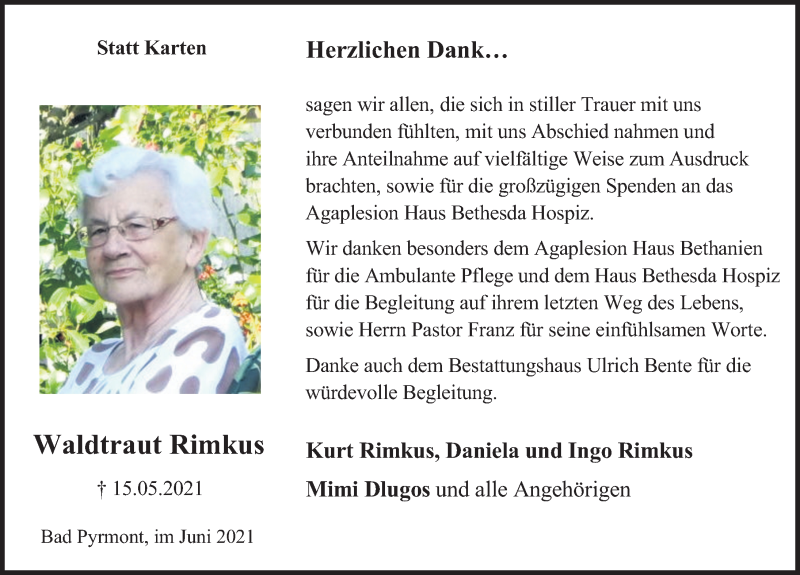  Traueranzeige für Waldtraut Rimkus vom 26.06.2021 aus Deister- und Weserzeitung
