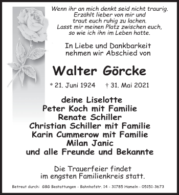 Traueranzeige von Walter Görcke von Deister- und Weserzeitung