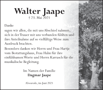 Traueranzeige von Walter Jaape von Neue Deister-Zeitung