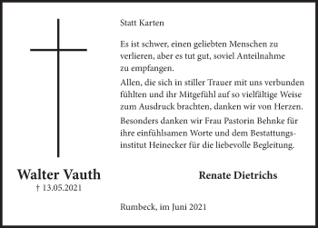 Traueranzeige von Walter Vauth von Deister- und Weserzeitung