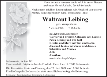 Traueranzeige von Waltraut Leibing von Deister- und Weserzeitung
