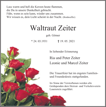 Traueranzeige von Waltraut Zeiter von Deister- und Weserzeitung