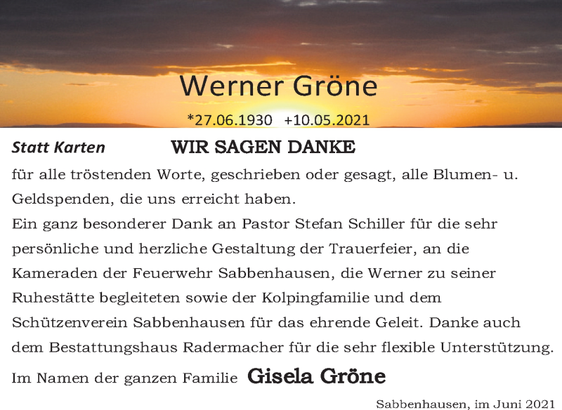  Traueranzeige für Werner Gröne vom 19.06.2021 aus Deister- und Weserzeitung