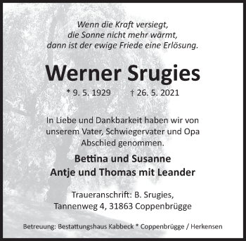Traueranzeige von Werner Srugies von Deister- und Weserzeitung