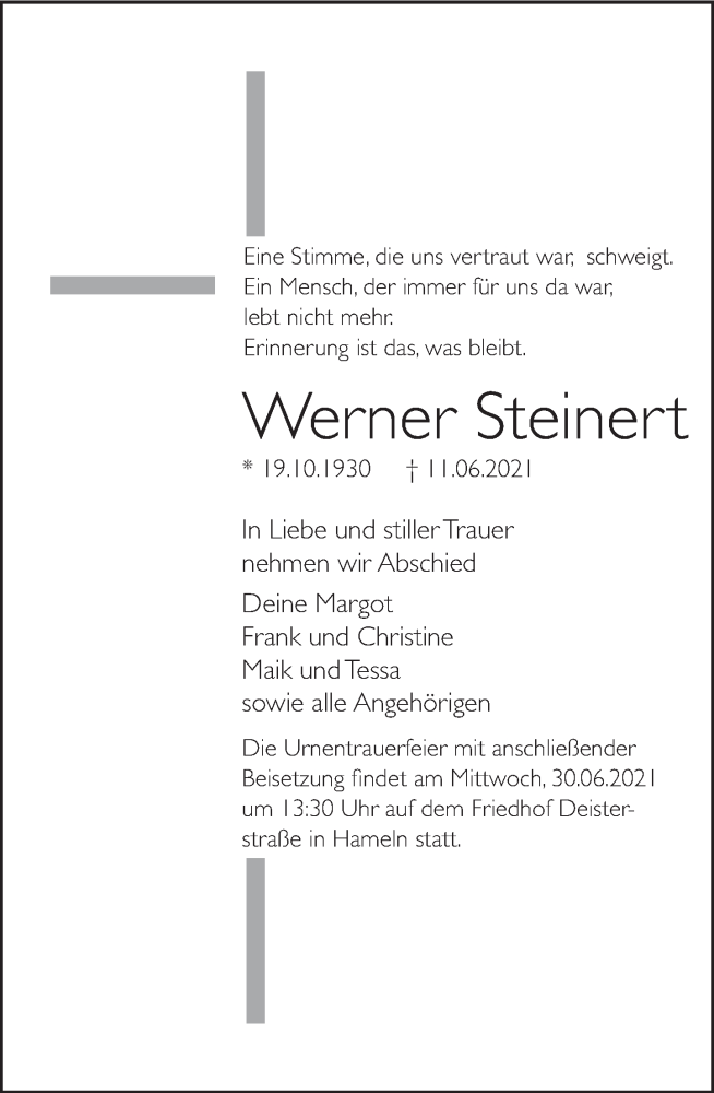  Traueranzeige für Werner Steinert vom 26.06.2021 aus Deister- und Weserzeitung
