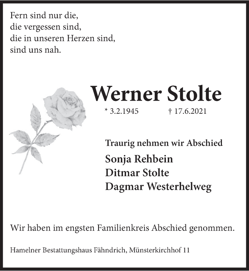  Traueranzeige für Werner Stolte vom 26.06.2021 aus Deister- und Weserzeitung