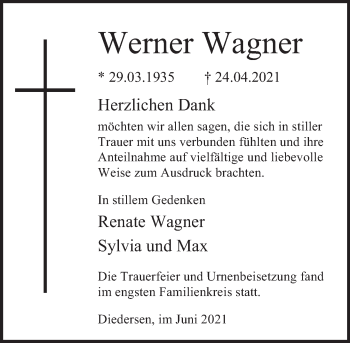 Traueranzeige von Werner Wagner von Deister- und Weserzeitung