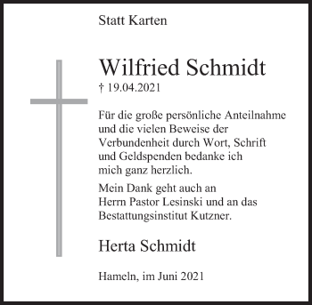 Traueranzeige von Wilfried Schmidt von Deister- und Weserzeitung